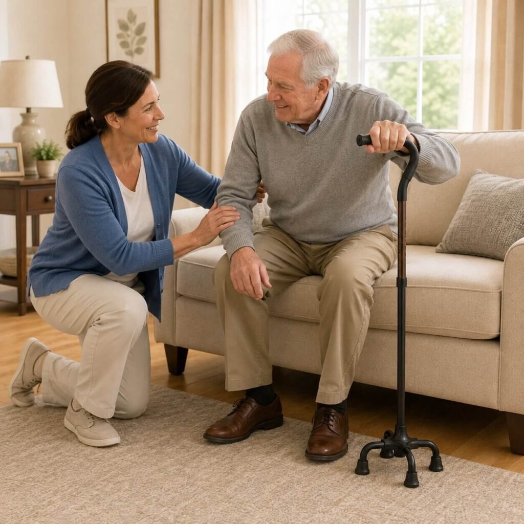 Caregiver guiding a seniors hand onto the foam handle of a couch cane standing aid before the senior pushes up from the sofa