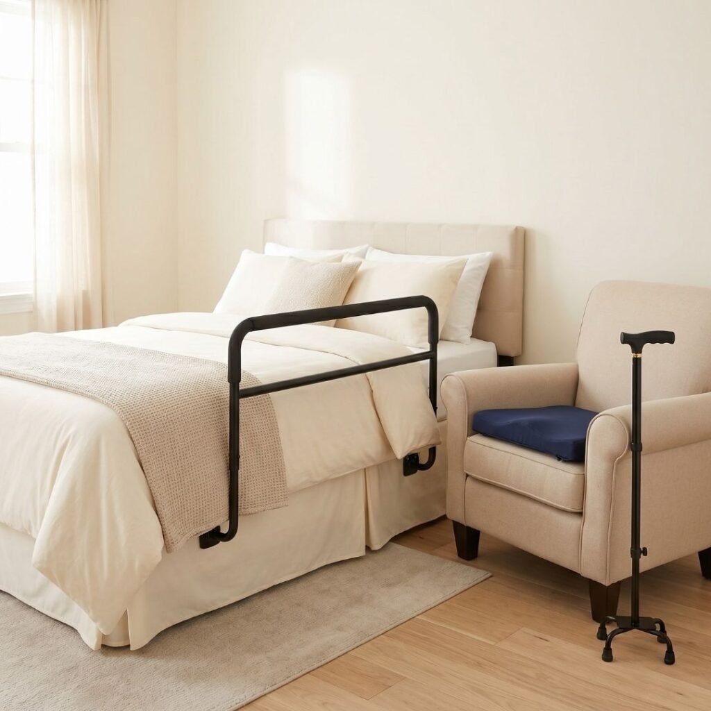 Senior friendly home with a bed assist rail beside the bed a lift cushion on the armchair and a couch cane beside the sofa all visible in one room