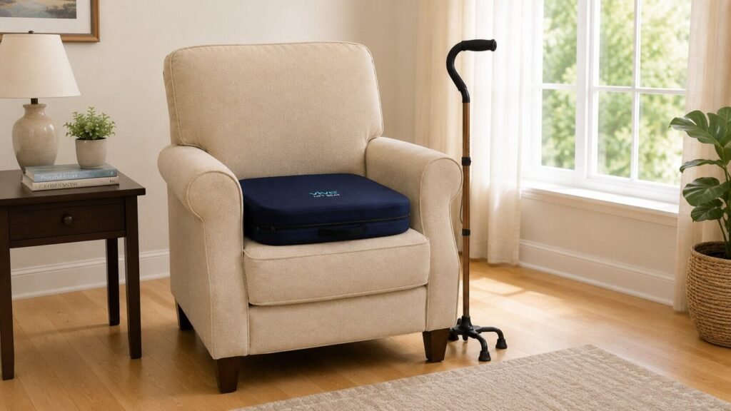 Navy blue lift seat cushion resting on a beige armchair beside a black couch cane handle in a bright, senior-friendly living room