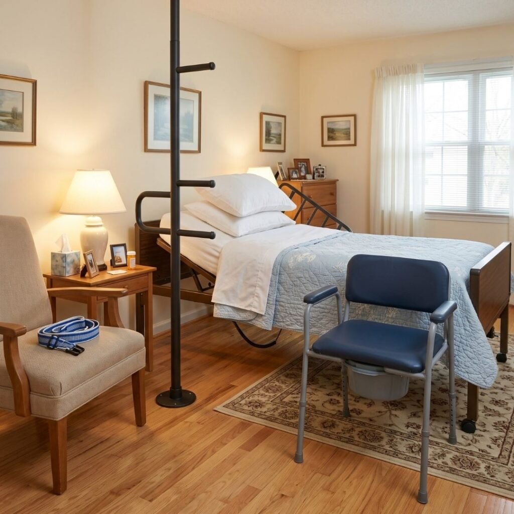 Padded transfer area beside an adjustable bed prepared for an elderly person with advanced illness, with a bedside commode and grab handle