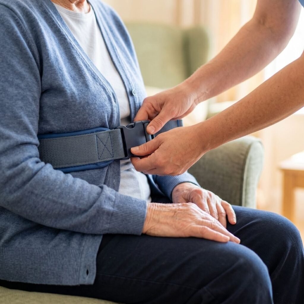 Hands of a caregiver fastening a padded gait belt around a seated senior in a softly lit room