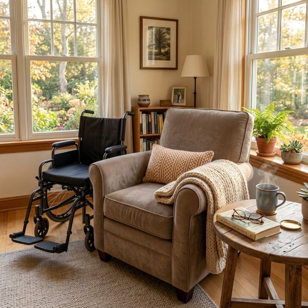 Cozy reading nook beside a window with a wheelchair-accessible armchair, throw blanket, and small table with tea