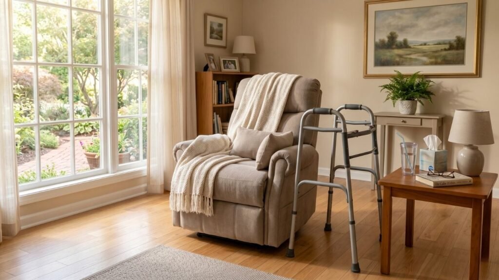 Calm living room scene showing mobility support for seniors with advanced illness, with a padded recliner, walker within reach, and soft natural lighting