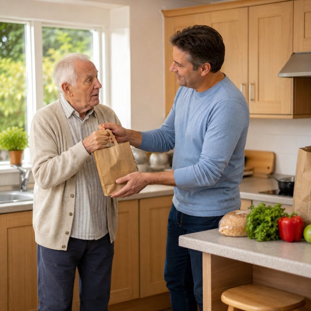  Caregiver carrying groceries and reaching to take a bag from a capable older adult who could carry it