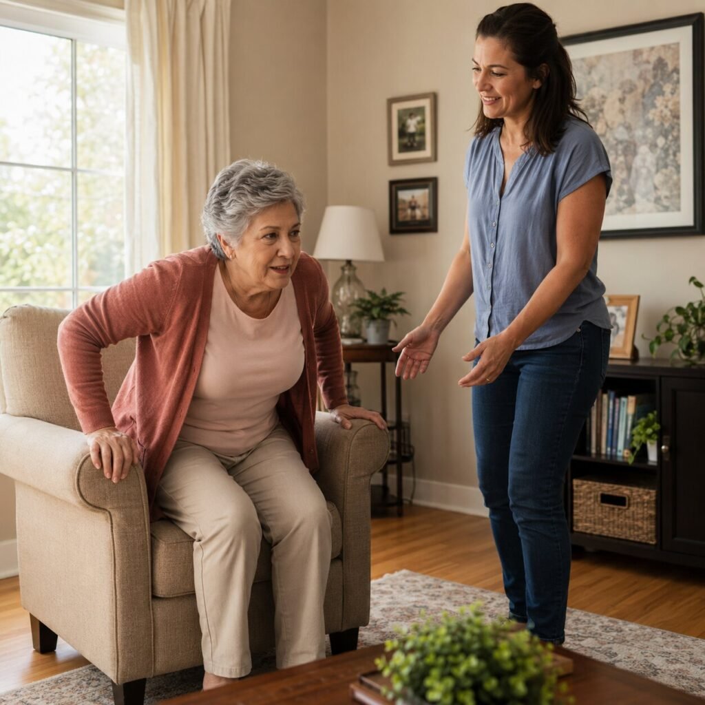 Caregiver standing calmly to the side as an older adult rises from a chair using the armrests