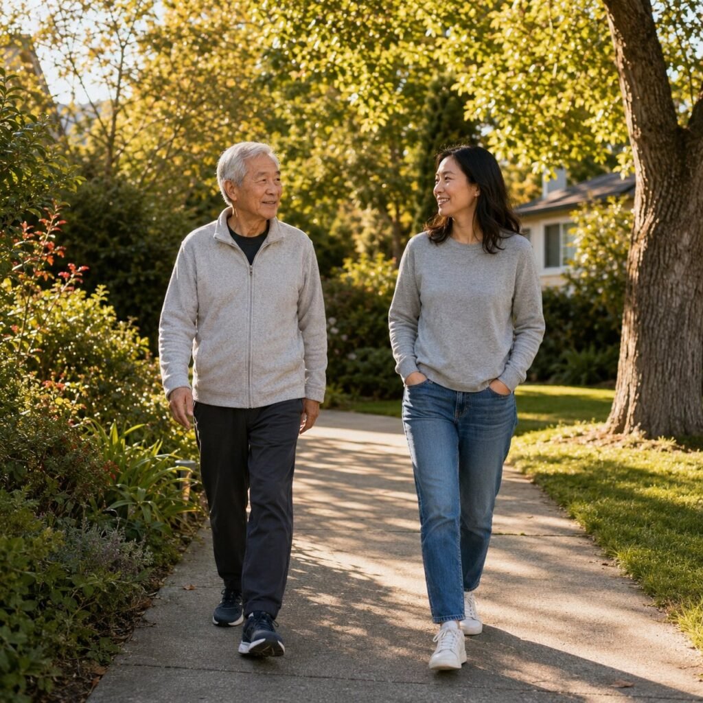 Elderly man walking confidently on his own in a garden while a caregiver walks beside him relaxed and unhurried