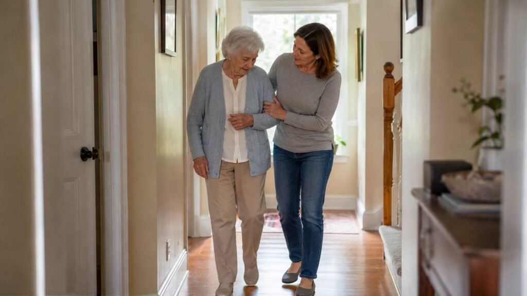 Senior mobility mistakes — an adult daughter gripping her elderly mother's arm too tightly as they walk down a hallway together