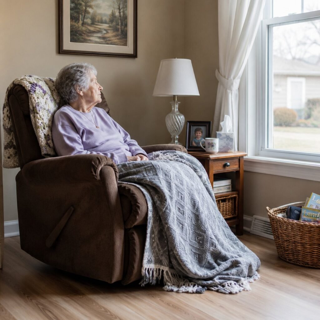 Too Much Rest Is One of the Most Common Senior Mobility Myths Elderly woman sitting alone in a recliner looking out a window, illustrating the risk of too much rest