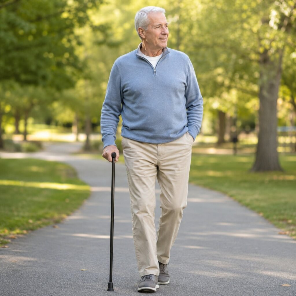 A Properly Fitted Cane Supports Activity Rather Than Weakening It Confident older man walking outdoors with a properly fitted cane, looking strong and steady