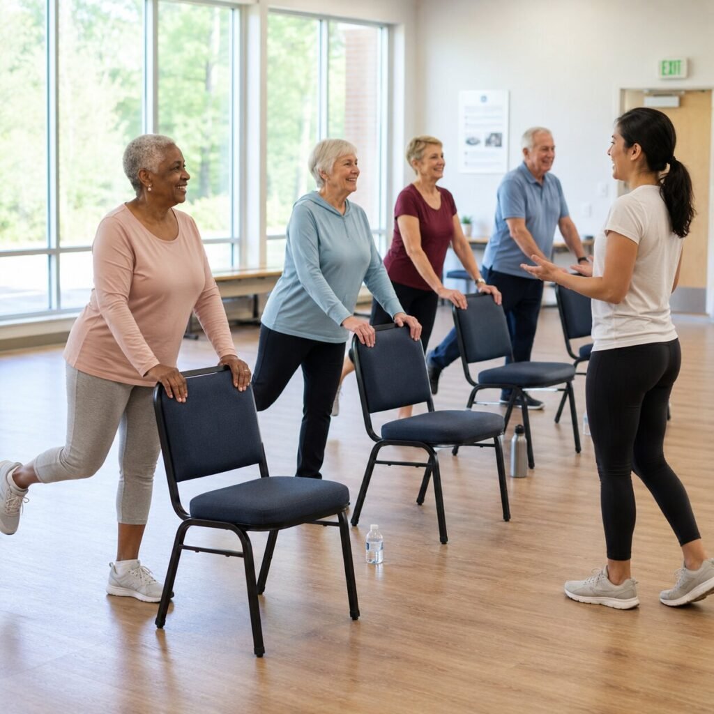It Is Never Too Late to Build Strength and Balance Group of older adults doing a gentle standing balance and strength class together