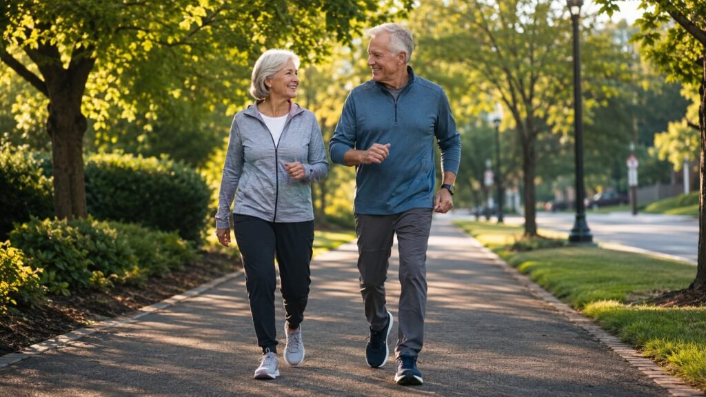 Senior mobility myths — an active older couple walking briskly outdoors, contrasting the myth that seniors should slow down and rest