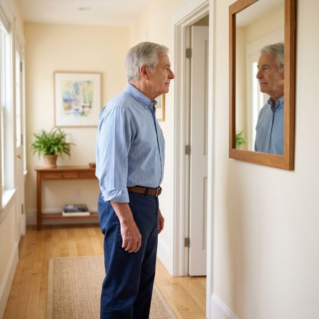 Elderly man looking at his reflection in a hallway mirror while pausing in thought