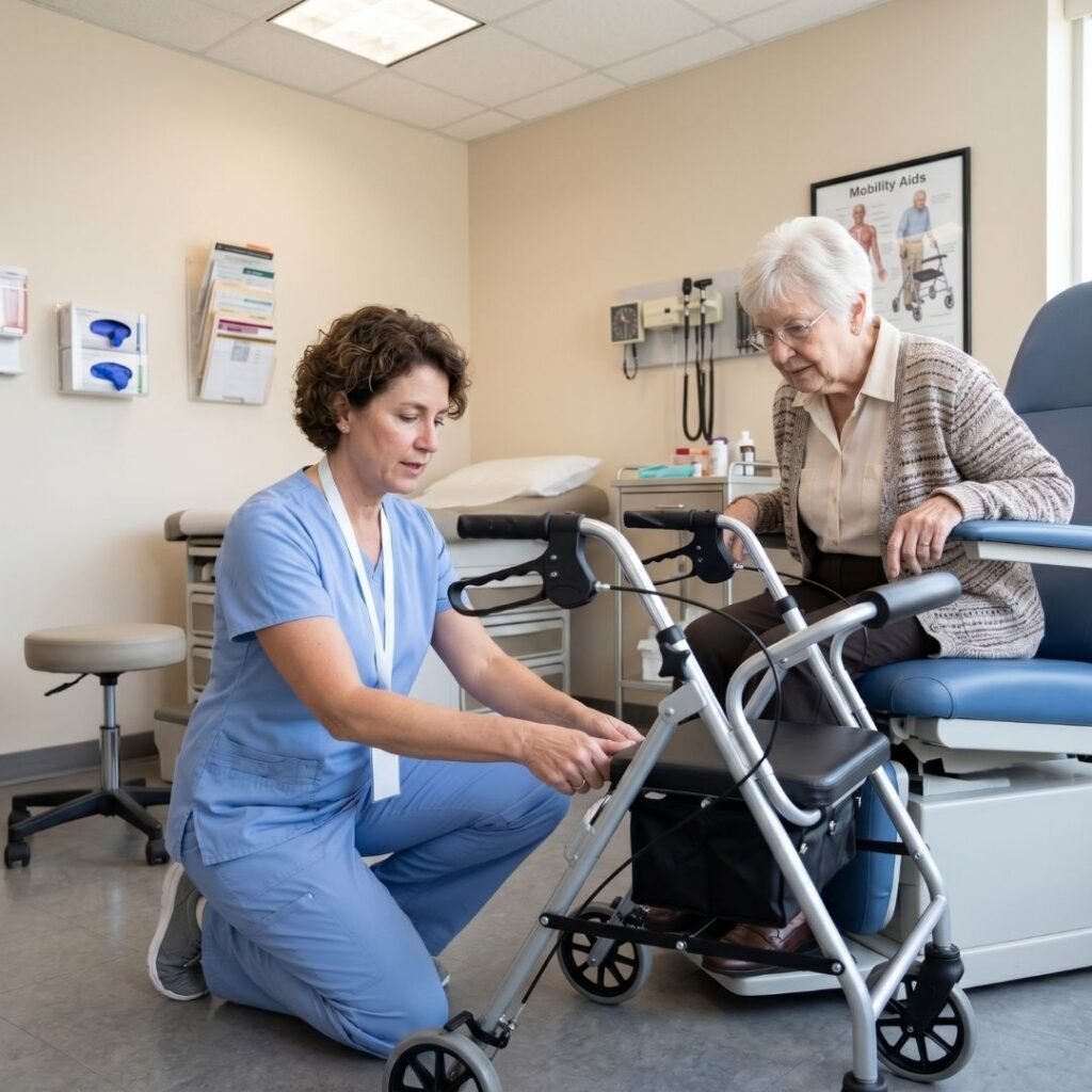 Physician kneeling to demonstrate proper use of a walker to an elderly patient seated in an exam chair
