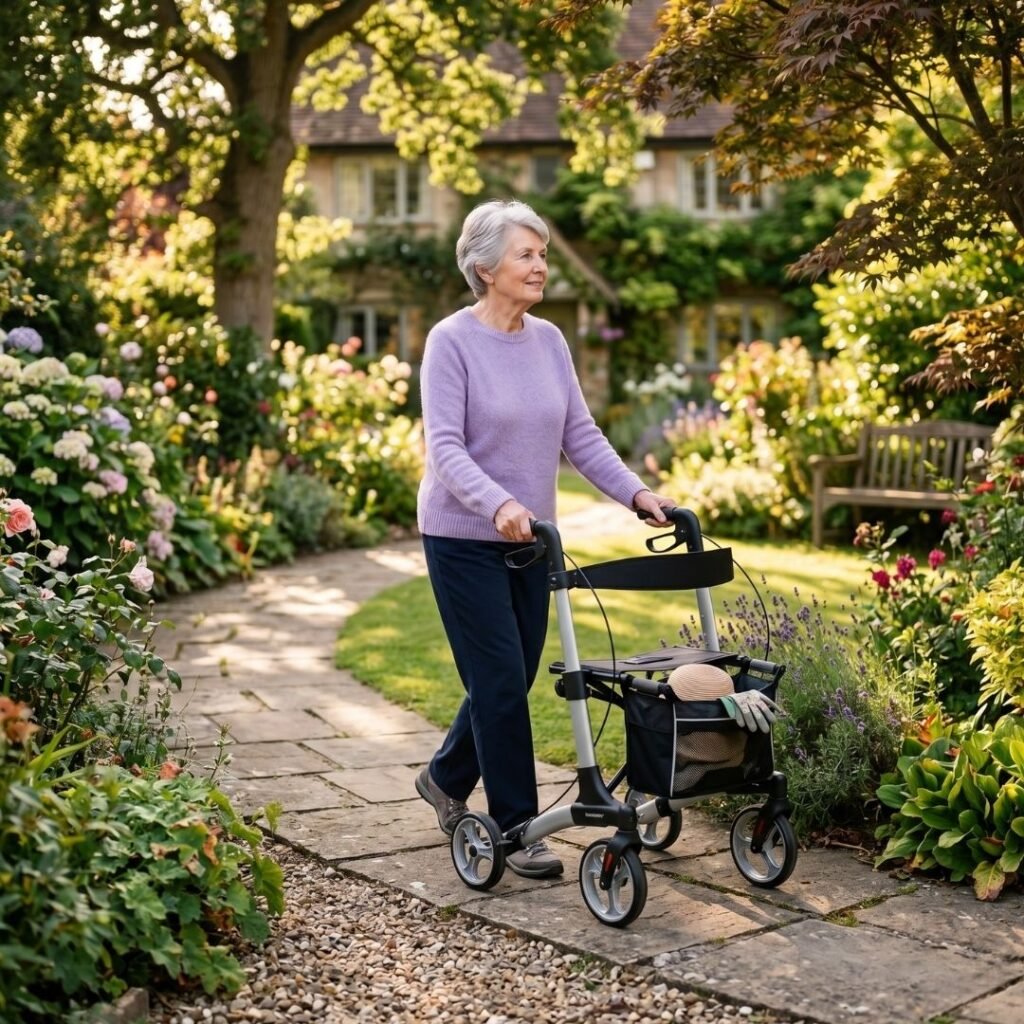  Elderly woman walking confidently with a stylish modern rollator through a sunny garden path