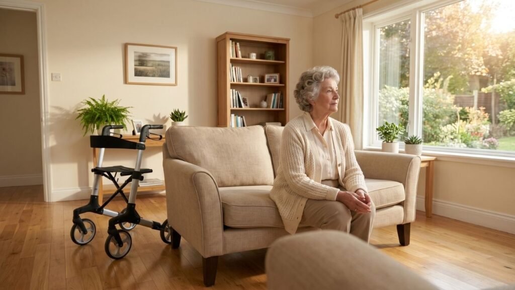  Why seniors resist mobility devices — an elderly woman seated on a couch looking thoughtful while an unused walker stands beside her in a quiet living room