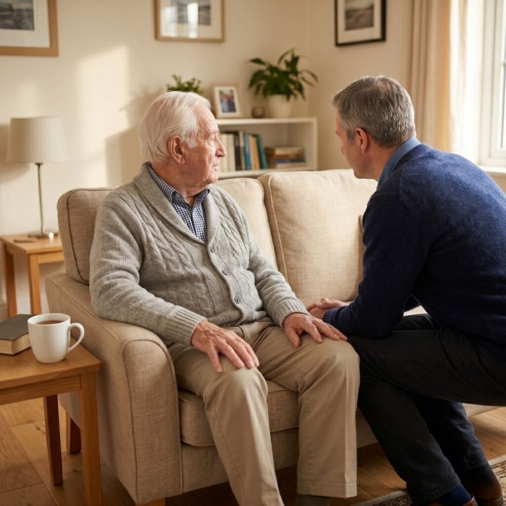 Adult son sitting beside his elderly father on a couch in a calm living room having a quiet one-on-one conversation