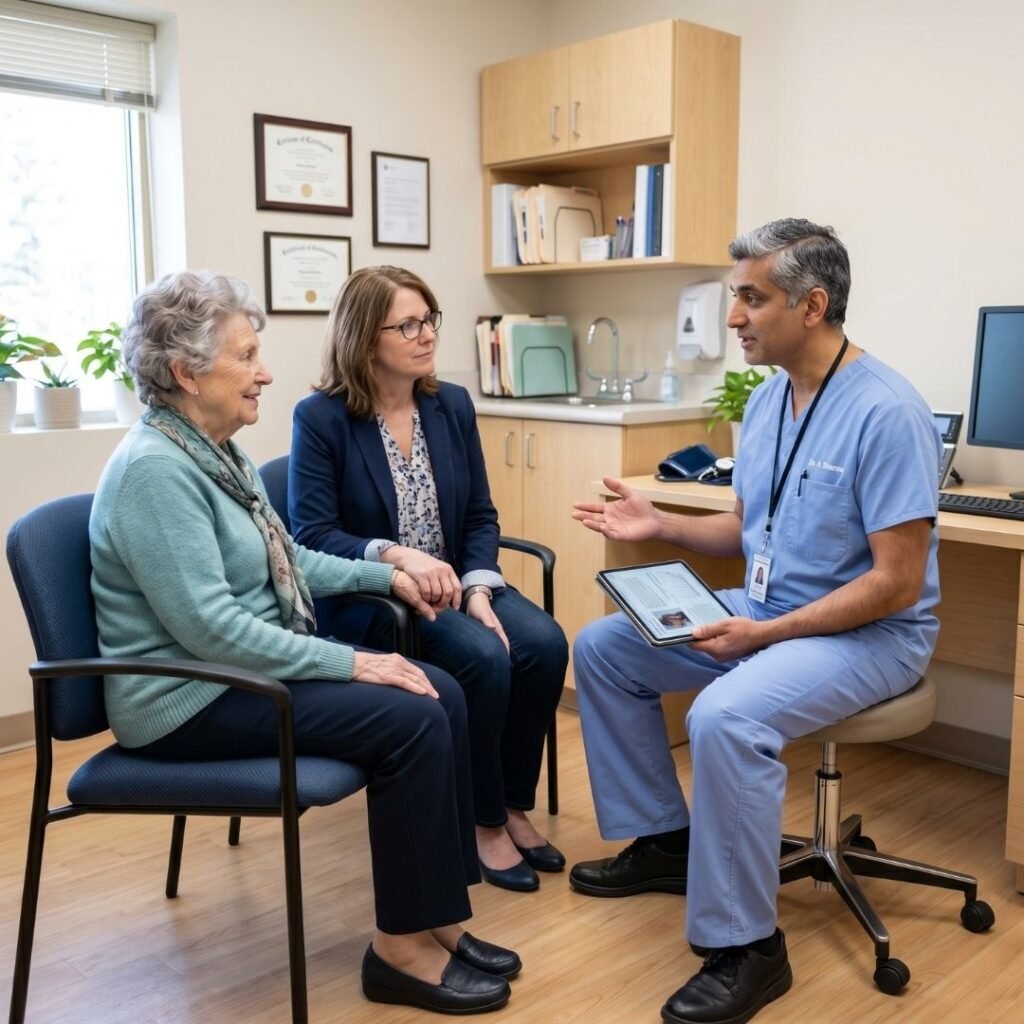 Elderly woman seated in a doctors office with her adult daughter while a physician shows her information about a walking aid