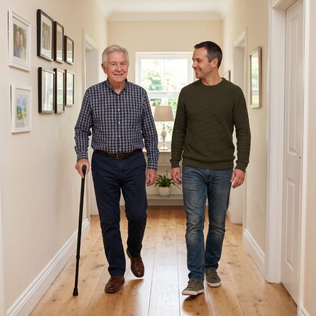 Elderly father walking confidently down a hallway with a sleek modern cane while his adult son walks beside him smiling