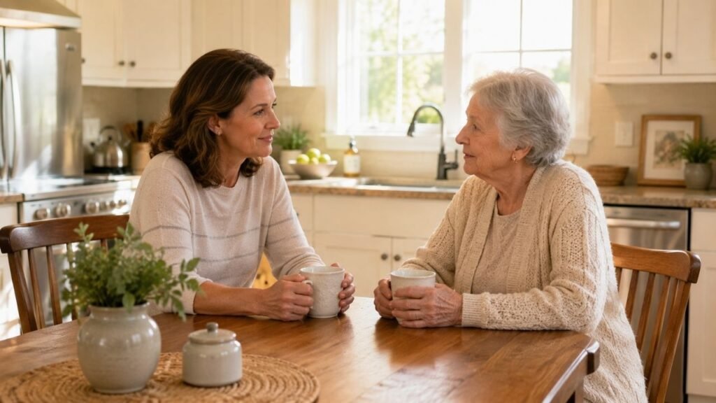 Adult daughter learning how to talk to a parent about mobility aids during a calm kitchen-table conversation with her elderly mother