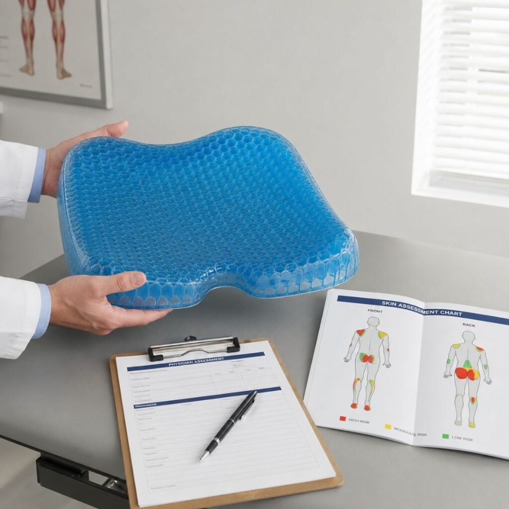 Physician's hands holding a pressure relief wheelchair cushion beside a clipboard and a skin assessment chart