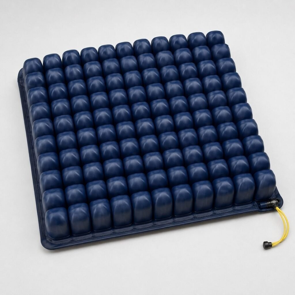 Cross-section view of an air-cell wheelchair cushion with rows of independent inflated cells visible