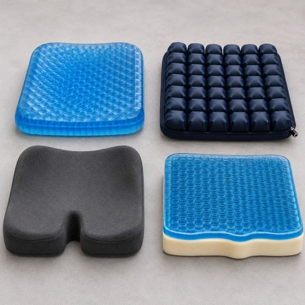 Comparison of four wheelchair cushion materials arranged on a clean surface — gel, air, memory foam, and hybrid layered