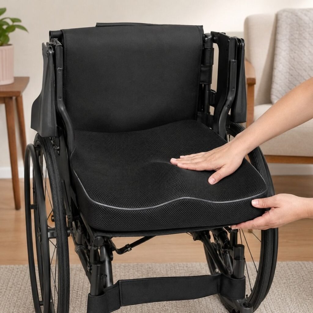 Caregiver's hands adjusting a pressure relief cushion on the seat of a wheelchair before a senior transfers in