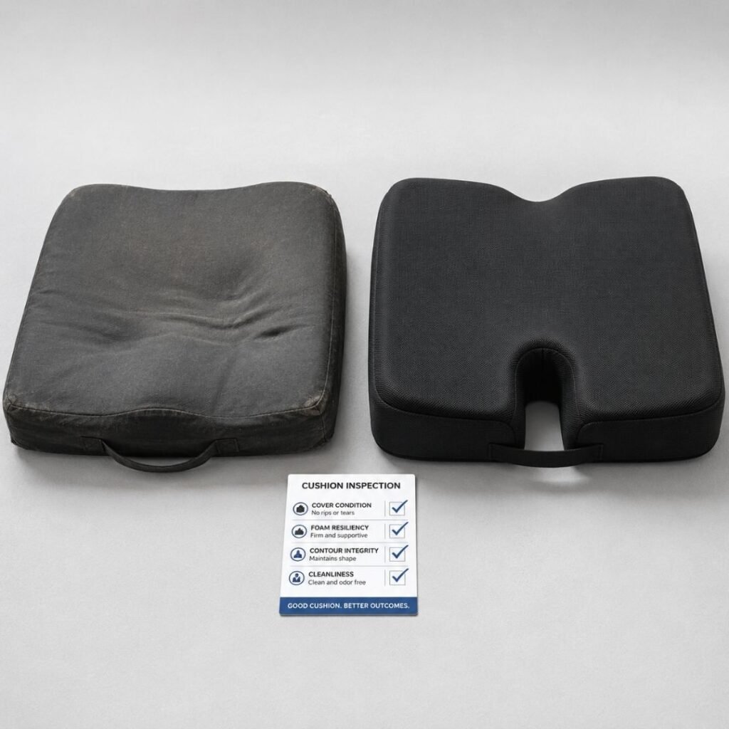 Worn-out wheelchair cushion next to a new replacement, with a small inspection card showing wear patterns