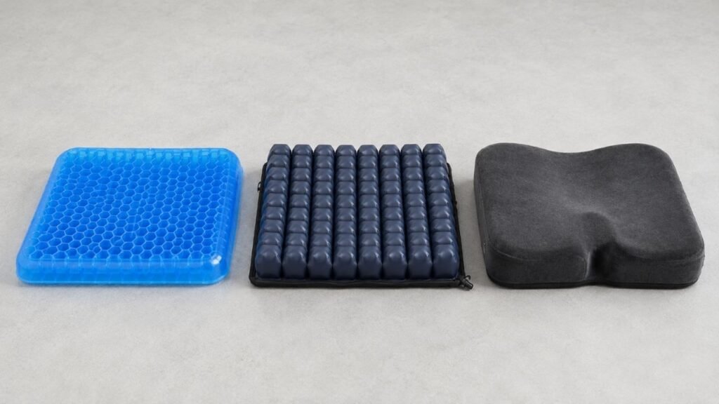 Best wheelchair cushions for comfort and pressure relief — gel, air cell, and memory foam models arranged side by side on a clean studio surface