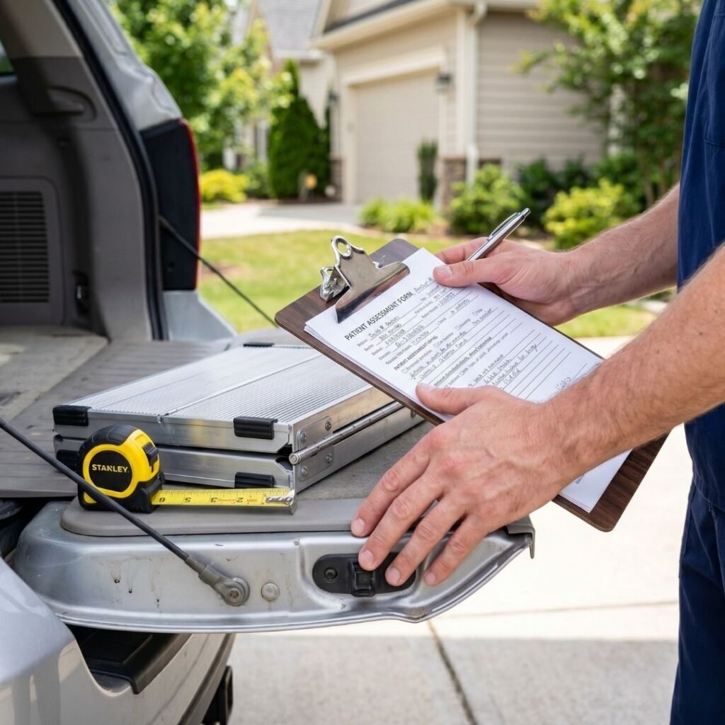Doctor's Note on Choosing Wheelchair Ramps for Cars and SUVs Physician's clipboard resting on the open tailgate of an SUV beside a folded portable ramp