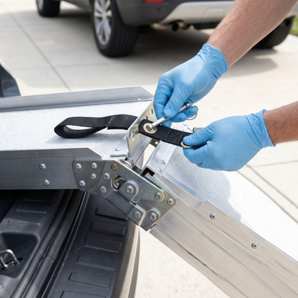 Safe Setup of Wheelchair Ramps for Cars and SUVs Caregiver's gloved hands locking the safety clip on a deployed aluminum vehicle ramp