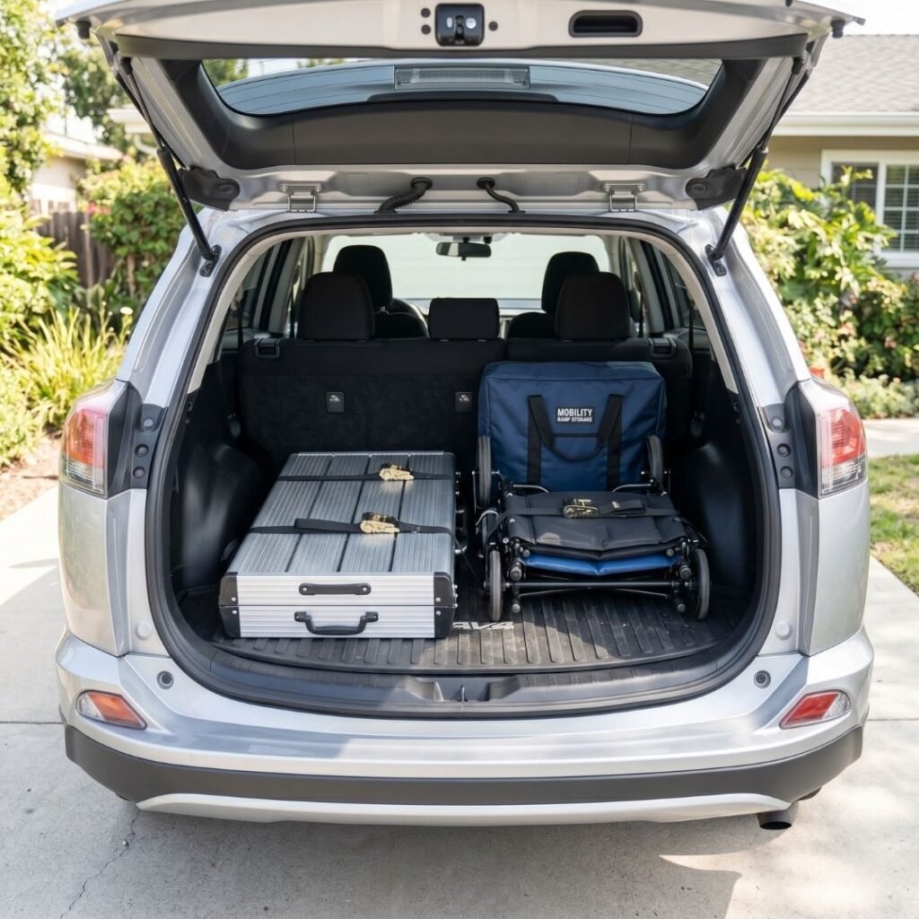 Long-Term Storage of Wheelchair Ramps for Cars and SUVs Folded aluminum portable ramp stored neatly in the cargo area of an SUV beside a folded wheelchair