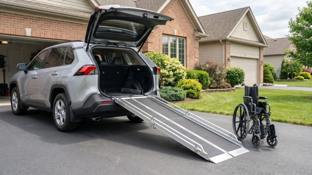 Folding aluminum wheelchair ramps for cars and SUVs deployed from an open SUV tailgate in a driveway
