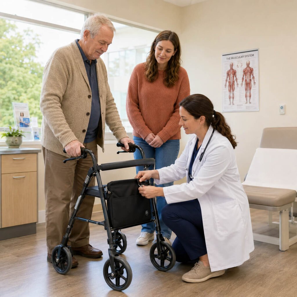 Doctor-Recommended Daily Mobility Accessories for Seniors Doctor showing a senior patient and adult daughter how to attach a walker bag and cane holder to a rollator during an in-office consultation