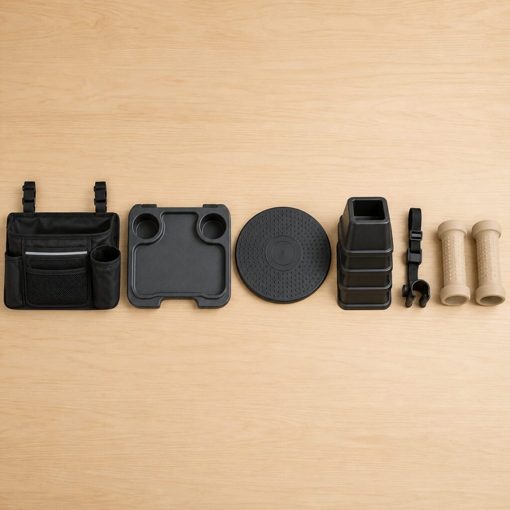 Six Categories of Daily Mobility Accessories for Seniors Compared Six daily mobility accessories for seniors laid out side by side on a wooden table — walker bag, walker tray, pivot transfer disc, bed risers, cane holder clip, and doorknob grips