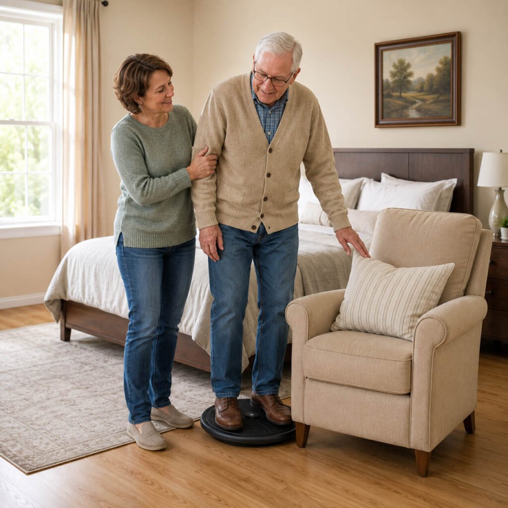 Using a Pivot Transfer Disc Safely for Caregiver-Assisted Transfers Adult daughter helping her senior father step onto a black pivot transfer disc beside a beige fabric chair in a sunlit bedroom