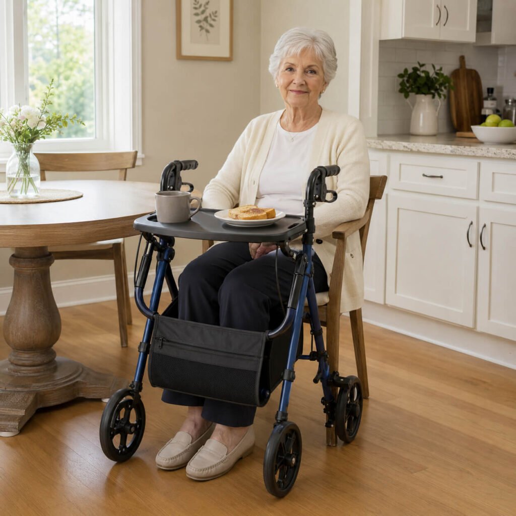 Daily Use of a Walker Tray for Senior Mealtime Independence Senior woman seated at a kitchen table with a folding walker tray attached to her rollator, eating breakfast with a coffee mug in the tray’s cup holder