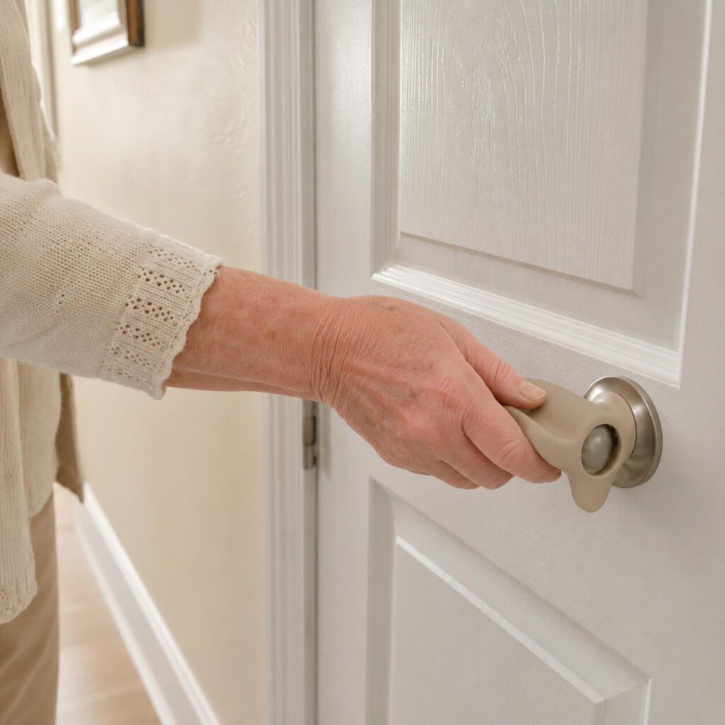 Doorknob Grip Helping an Arthritic Hand Open the Front Door Close-up of a senior woman's arthritic hand turning a front door using a beige silicone doorknob grip with winged tips