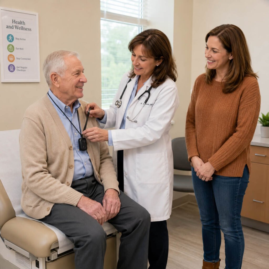 Doctor showing a senior patient how to wear a medical alert pendant during an in-office visit while a caregiver watches