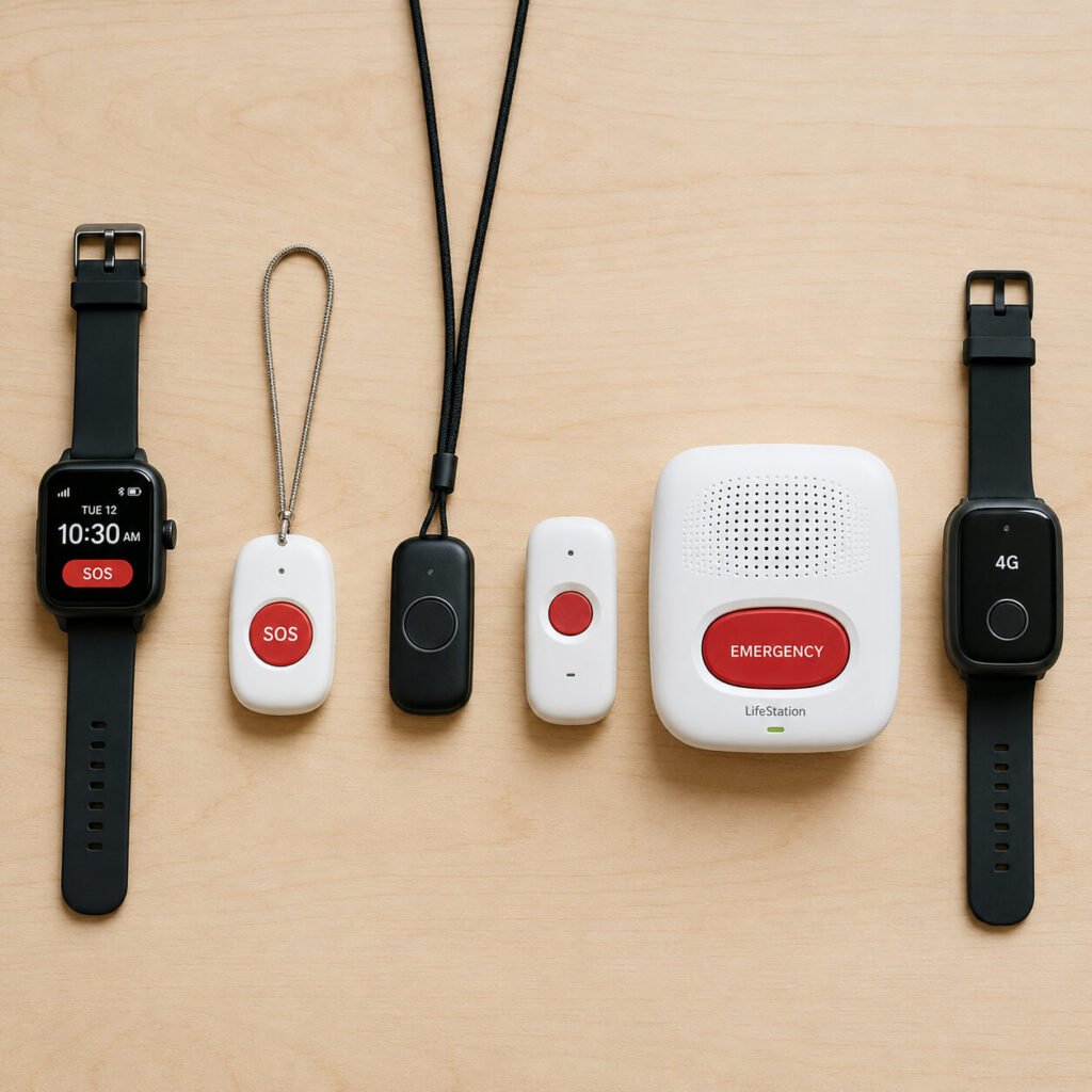 Six emergency alert devices for seniors laid out side by side — smartwatch, fall-detection pendant, mobile cellular button, no-fee pendant, landline base station, and caregiver-app mobile device