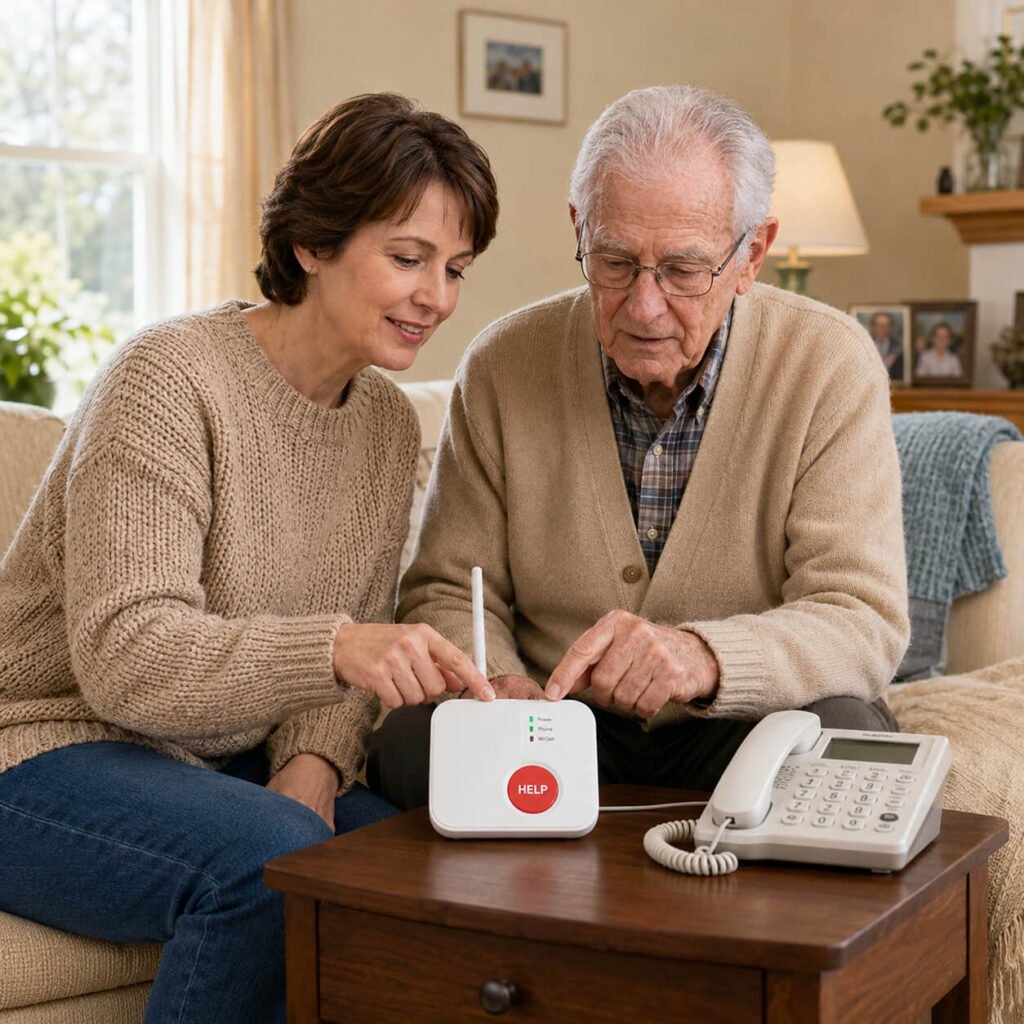 Adult daughter helping her senior father set up a white in-home medical alert base station on a side table next to a corded landline phone