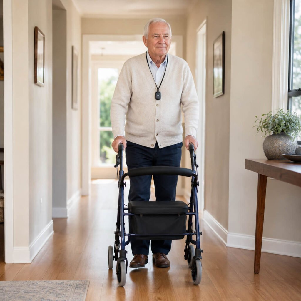 Senior using a rollator walker in his home hallway wearing a fall-detection medical alert pendant clearly visible at his chest