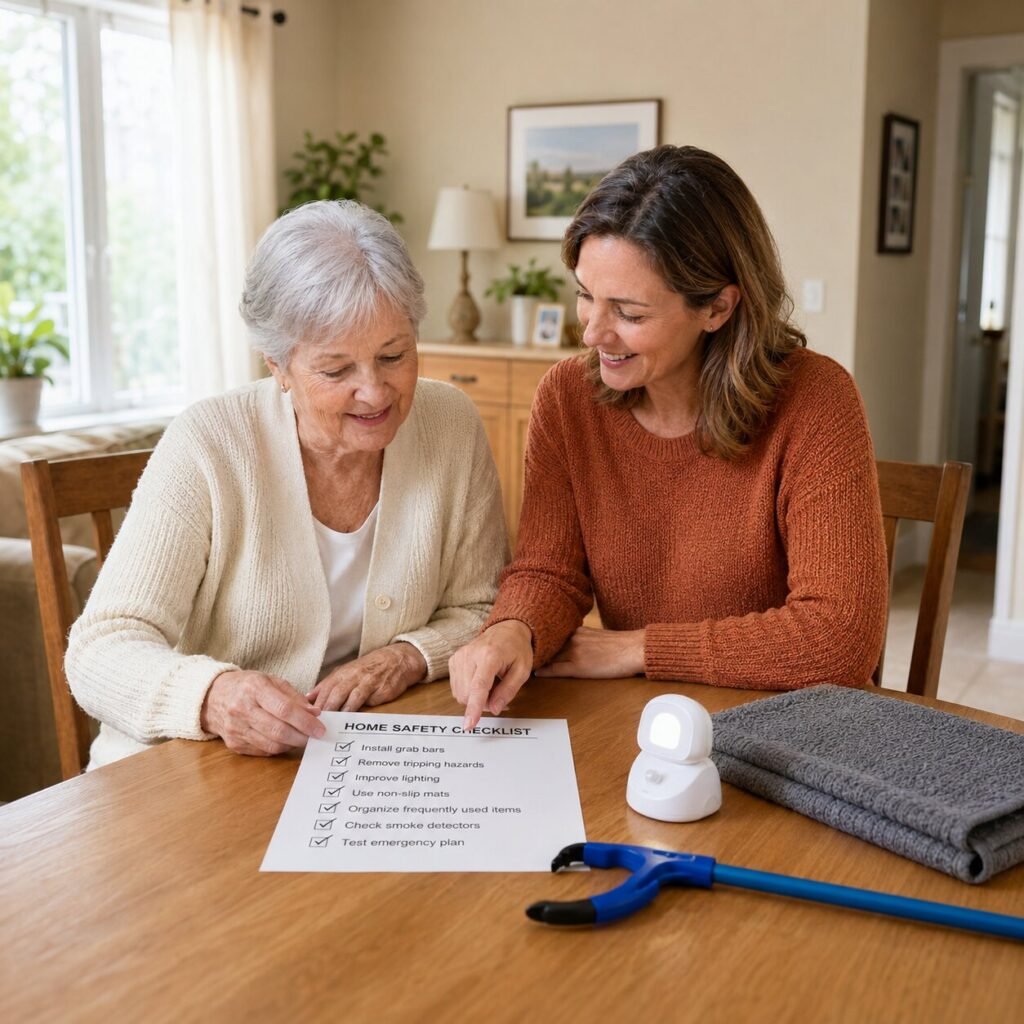 Doctor-Recommended Home Safety Planning for Seniors Caregiver and senior reviewing a printed home safety checklist together at a dining table with the safety kit products arranged nearby