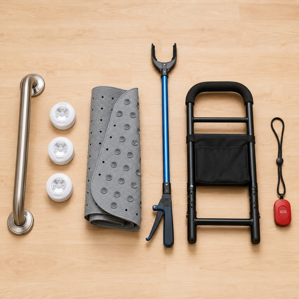 Six senior home safety products laid out side by side — bathroom grab bar, motion sensor lights, non-slip bath mat, reacher grabber, bedside assist rail, and medical alert pendant