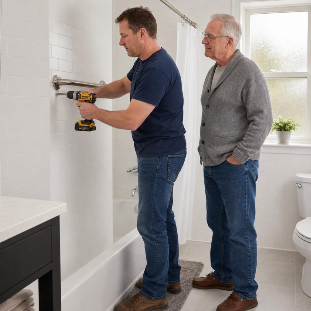 Installing a Grab Bar Safely Into a Wall Stud Adult son installing a stainless steel grab bar into a bathroom wall stud using a drill while his senior father watches