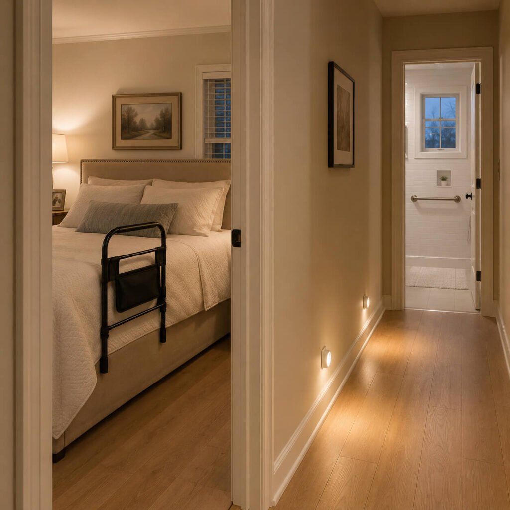 Coordinated Senior Safety Kit Installed Through One Home Senior friendly hallway with motion sensor night lights illuminating the floor leading from a bedroom with a bed cane to a bathroom with a grab bar