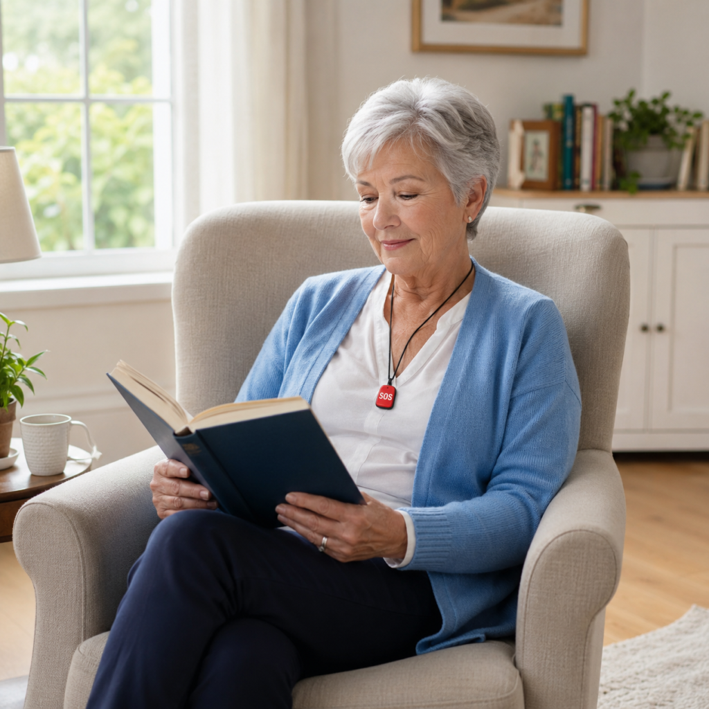 Long-Term Use of a Medical Alert Pendant for Seniors Senior woman wearing a red SOS medical alert pendant on a black lanyard while sitting confidently reading a book in her living room armchair