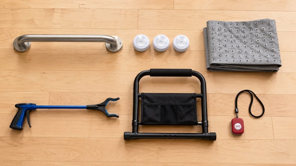 Home safety starter kit for seniors arranged on a hardwood floor — stainless steel grab bar, white motion sensor lights, gray bath mat, blue reacher, black bed cane, and red medical alert pendant