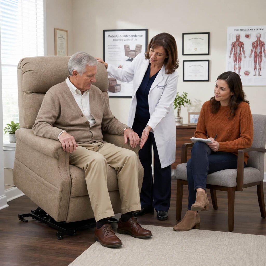 Doctor demonstrating proper recliner positioning to a senior patient with arthritis while an adult daughter takes notes during an in-office consultation