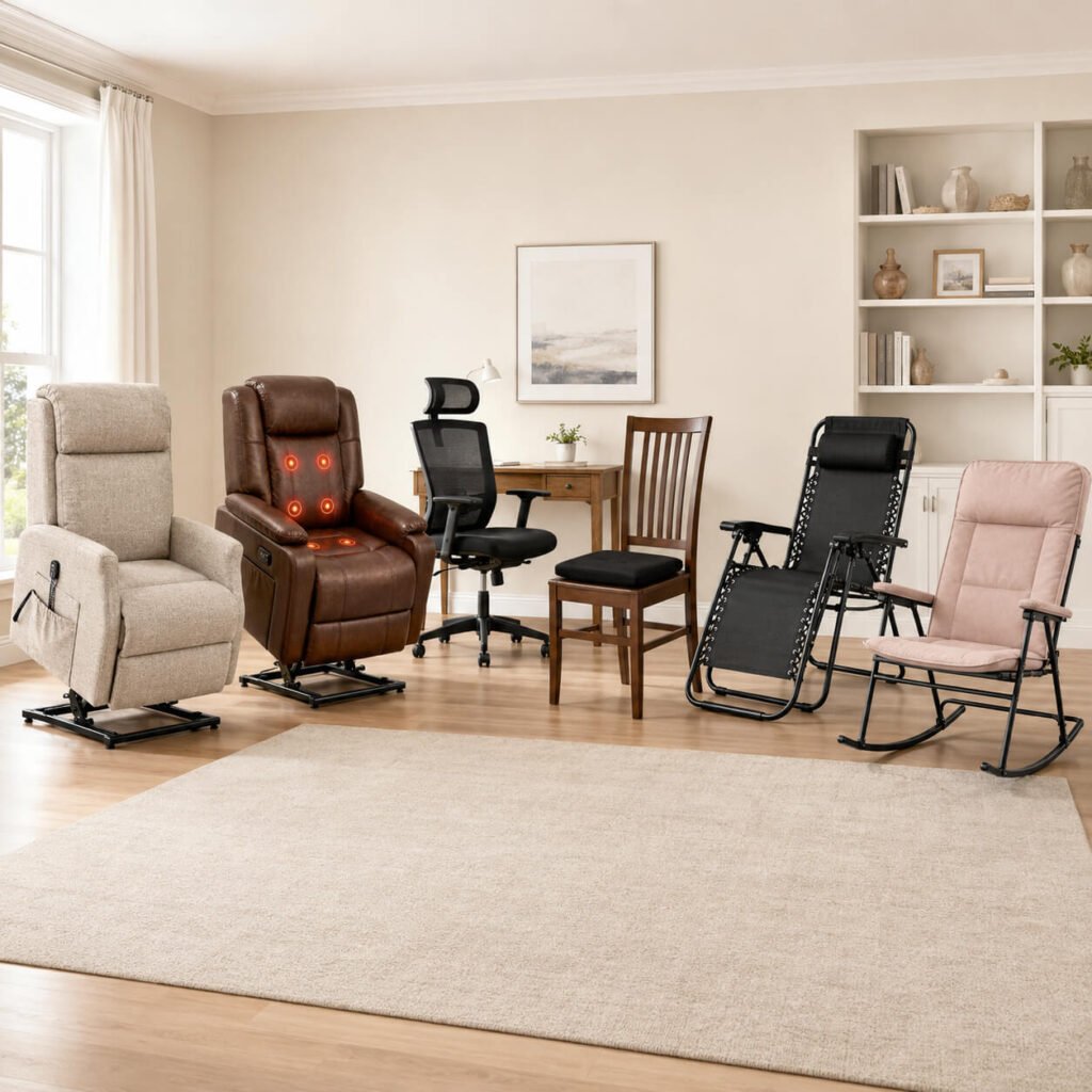 Six arthritis-friendly seating types laid out in a single room — a power lift recliner, a heat-and-massage recliner, an ergonomic desk chair, a memory-foam cushion, a zero-gravity recliner, and a folding rocking chair